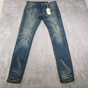 MNML Jeans Mens 32x34 Blue Medium Wash Distressed Whiskering Slim Fit NEW